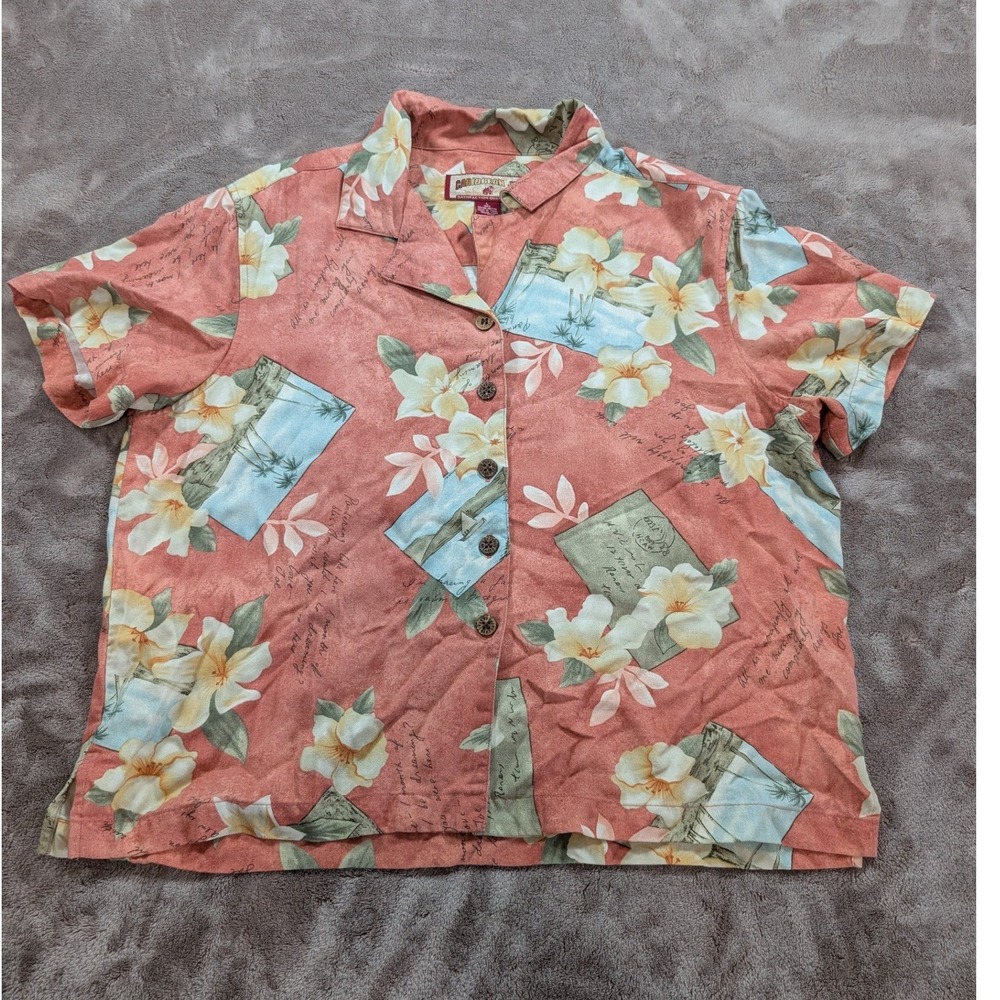 Caribbean Joe Womens Large Tropical Postcard Floral Rayon Camp Shirt Coral Pink